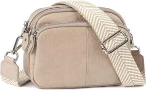 befen Small Genuine Leather Camera Crossbody Bags for Women Triple Zip Cross Body Purses Handbag with Wide Strap