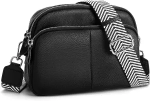 befen Small Genuine Leather Camera Crossbody Bags for Women Triple Zip Cross Body Purses Handbag with Wide Strap