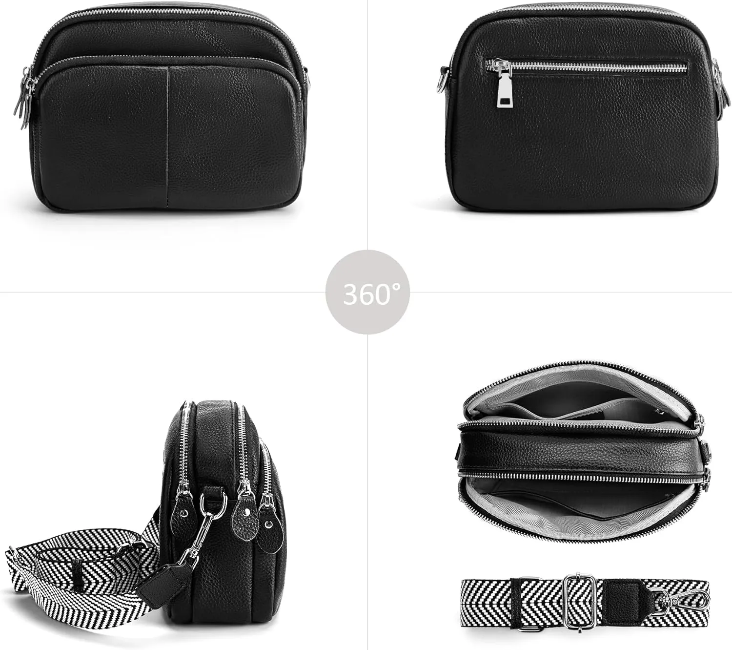 befen Small Genuine Leather Camera Crossbody Bags for Women Triple Zip Cross Body Purses Handbag with Wide Strap