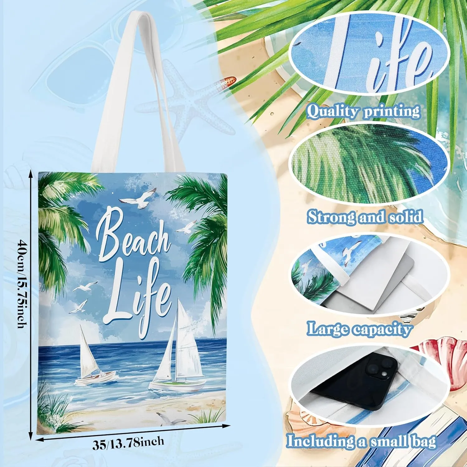 Bencailor 6 Pcs Hawaii Canvas Tote Bag Summer Beach Boat Tote Bags Ocean Sea Sailboat Surfboard Slippers Pattern Handbag Foldable Reusable for Women Men Travel Grocery Shopping Birthday Gifts