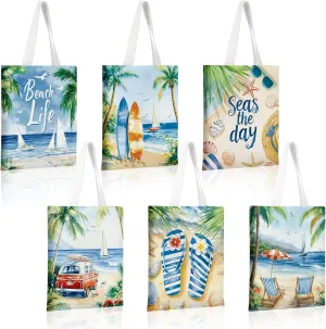 Bencailor 6 Pcs Hawaii Canvas Tote Bag Summer Beach Boat Tote Bags Ocean Sea Sailboat Surfboard Slippers Pattern Handbag Foldable Reusable for Women Men Travel Grocery Shopping Birthday Gifts