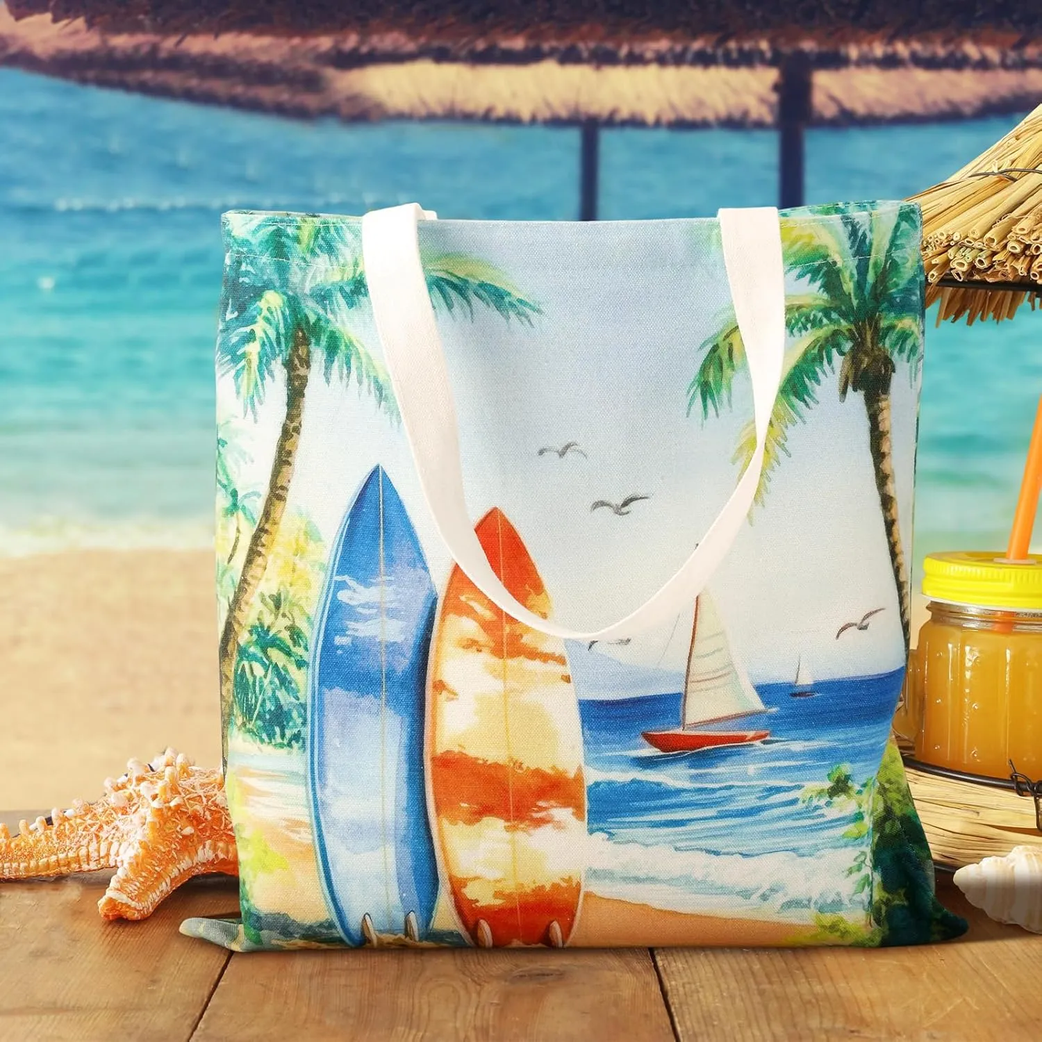 Bencailor 6 Pcs Hawaii Canvas Tote Bag Summer Beach Boat Tote Bags Ocean Sea Sailboat Surfboard Slippers Pattern Handbag Foldable Reusable for Women Men Travel Grocery Shopping Birthday Gifts