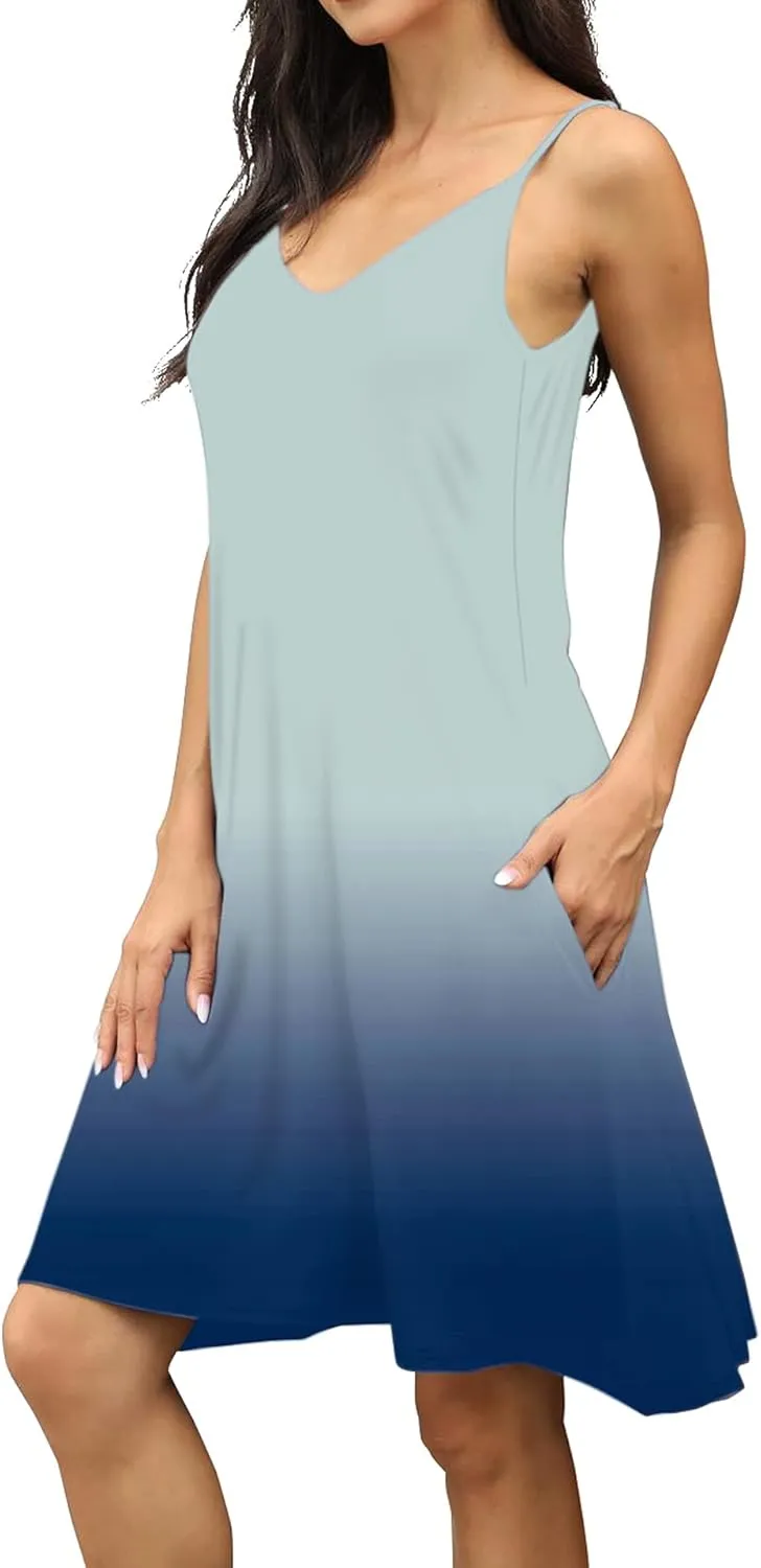 BEUFRI Women's Summer Spaghetti Strap Casual Swing Tank Beach Cover Up Dress with Pockets