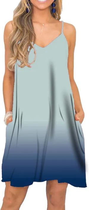 BEUFRI Women's Summer Spaghetti Strap Casual Swing Tank Beach Cover Up Dress with Pockets