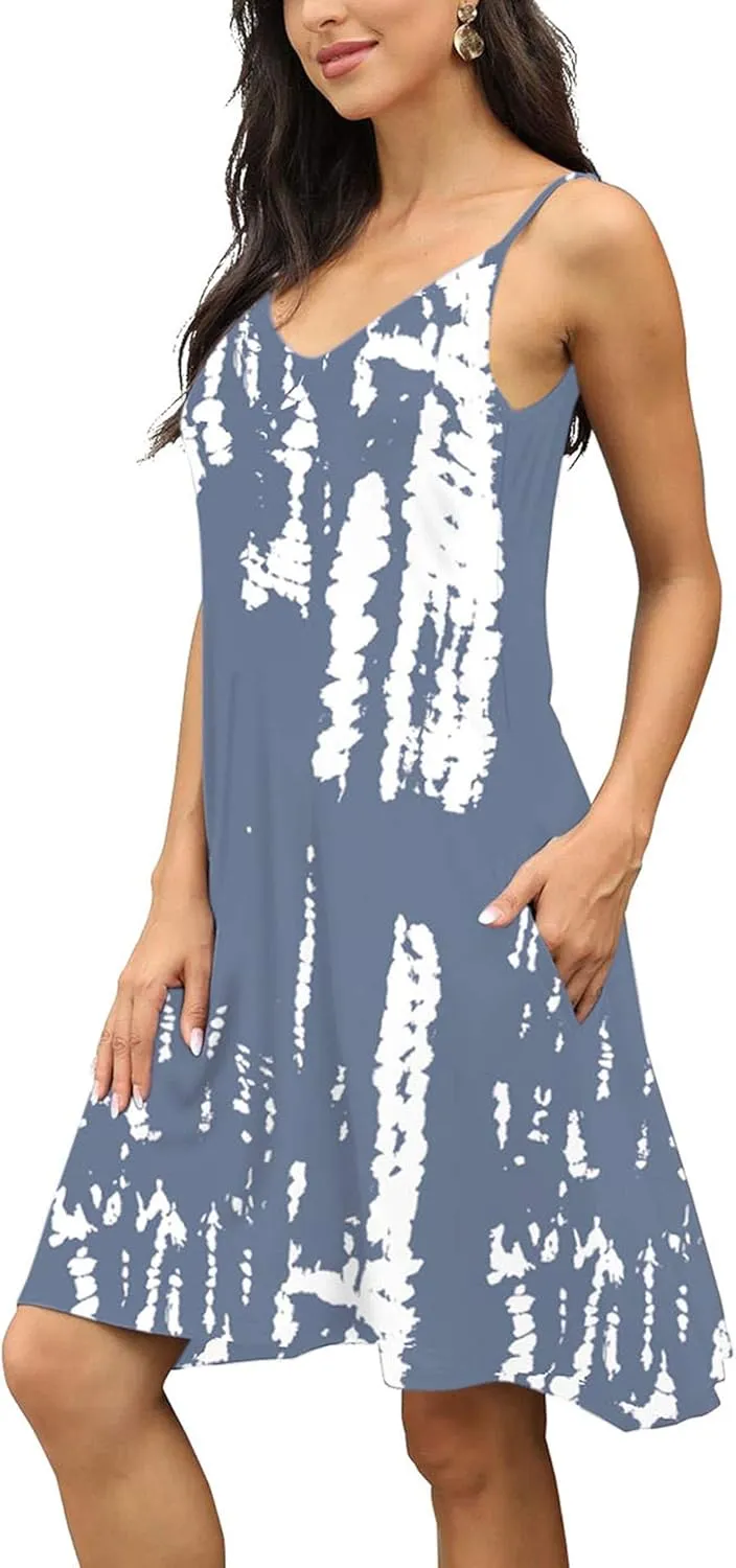BEUFRI Women's Summer Spaghetti Strap Casual Swing Tank Beach Cover Up Dress with Pockets