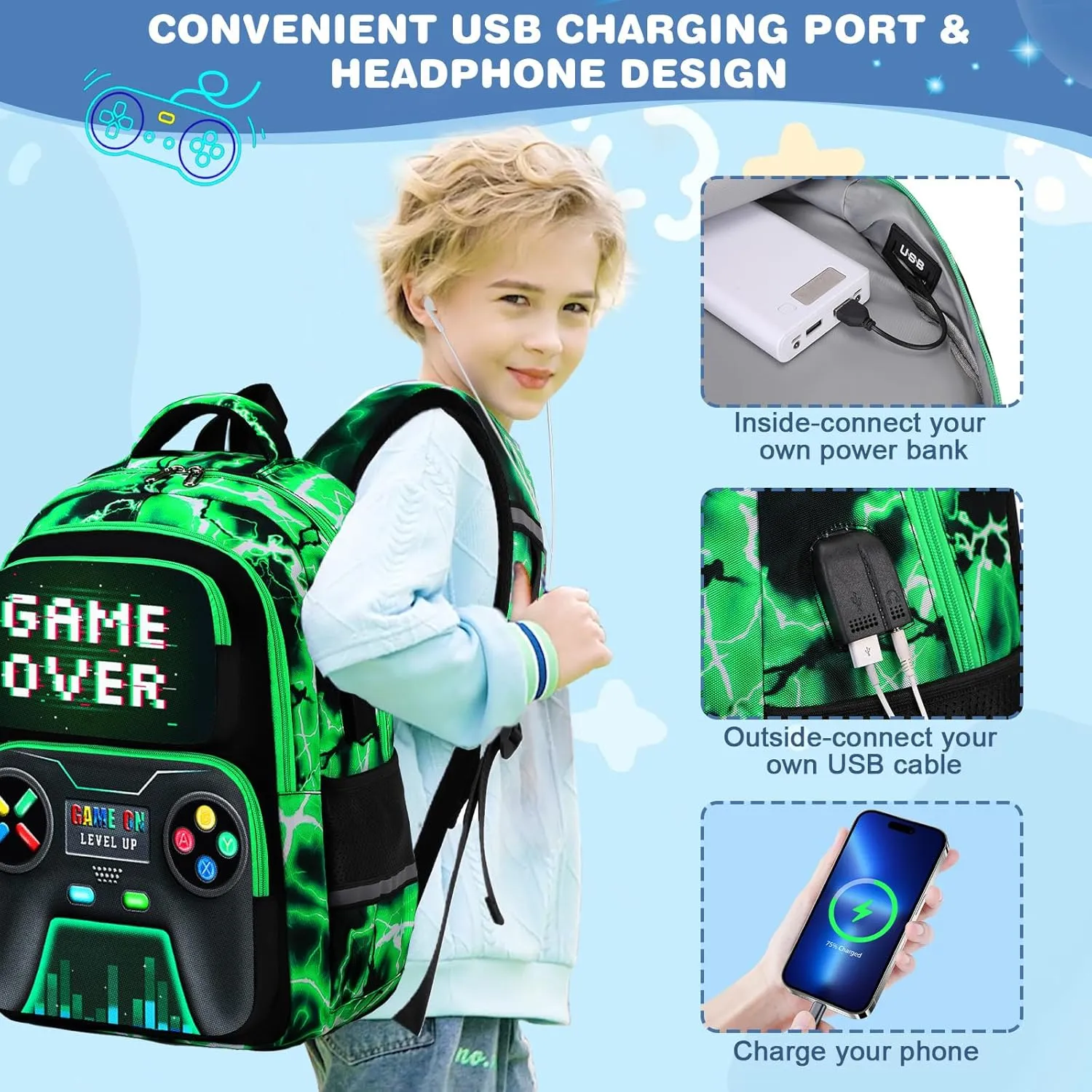 Bevalsa Backpack for Boys, School Bags for Kids, Bookbag for Boys Girls Children Teens Backpacks for Elementary Middle High school Student, Bookbag and Lunch Bag Set with USB Charging Port (Green)
