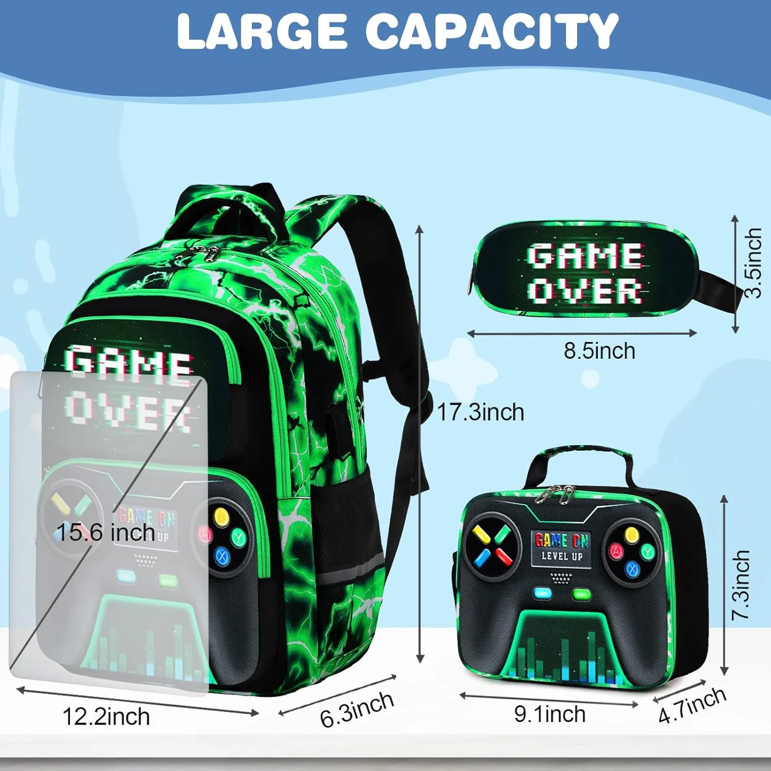 Bevalsa Backpack for Boys, School Bags for Kids, Bookbag for Boys Girls Children Teens Backpacks for Elementary Middle High school Student, Bookbag and Lunch Bag Set with USB Charging Port (Green)