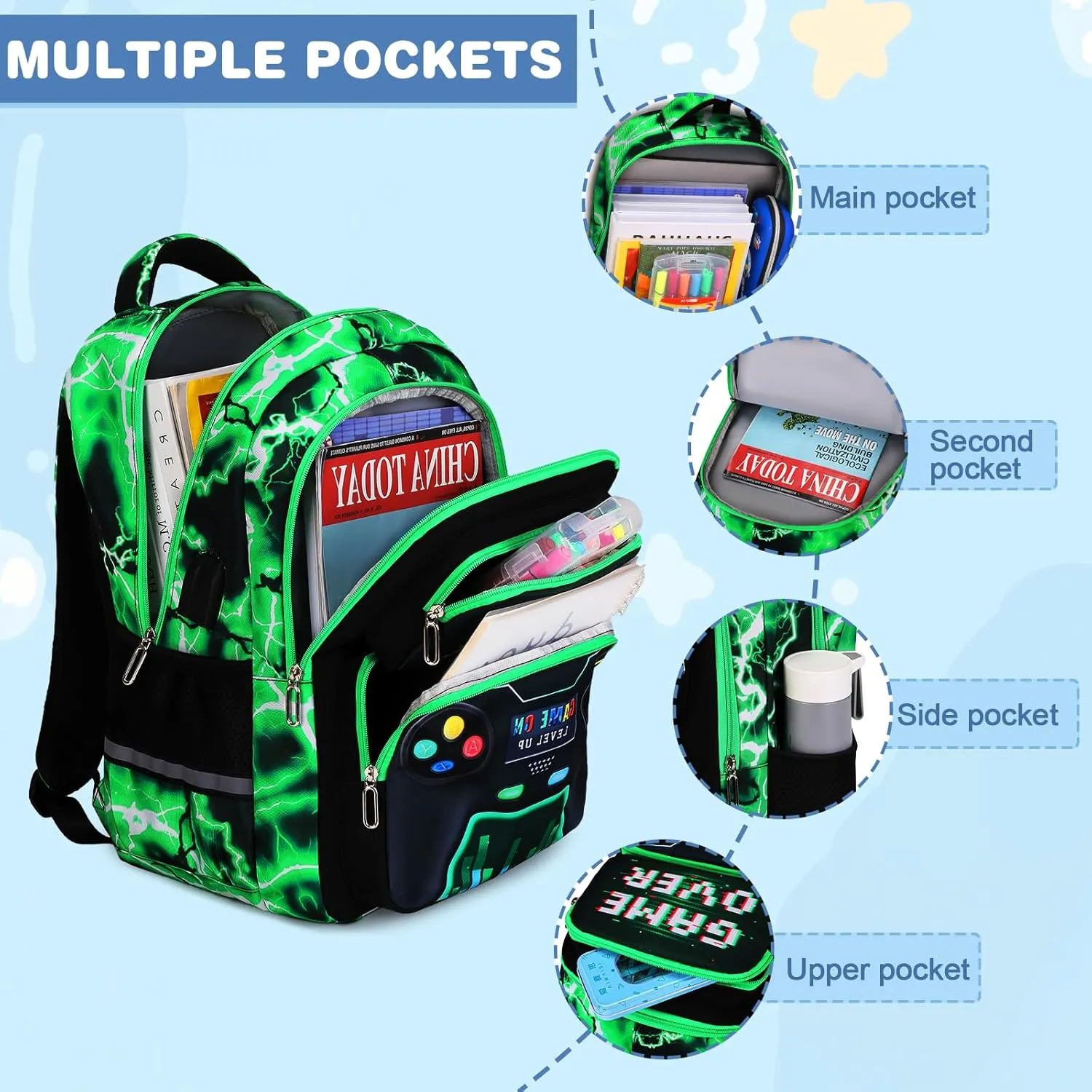 Bevalsa Backpack for Boys, School Bags for Kids, Bookbag for Boys Girls Children Teens Backpacks for Elementary Middle High school Student, Bookbag and Lunch Bag Set with USB Charging Port (Green)