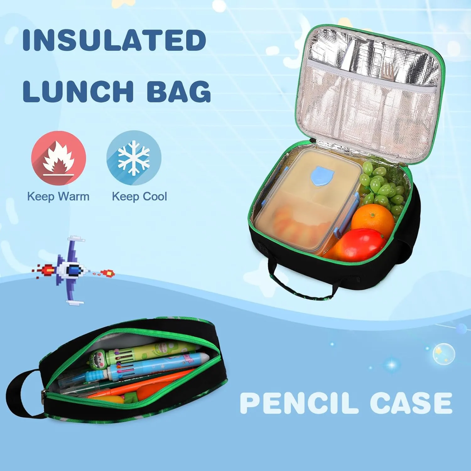 Bevalsa Backpack for Boys, School Bags for Kids, Bookbag for Boys Girls Children Teens Backpacks for Elementary Middle High school Student, Bookbag and Lunch Bag Set with USB Charging Port (Green)