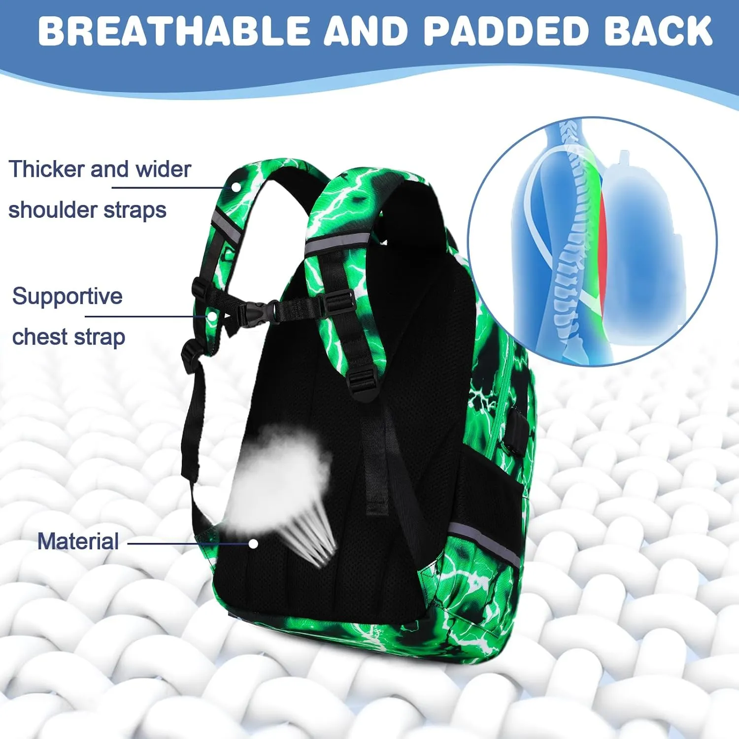 Bevalsa Backpack for Boys, School Bags for Kids, Bookbag for Boys Girls Children Teens Backpacks for Elementary Middle High school Student, Bookbag and Lunch Bag Set with USB Charging Port (Green)