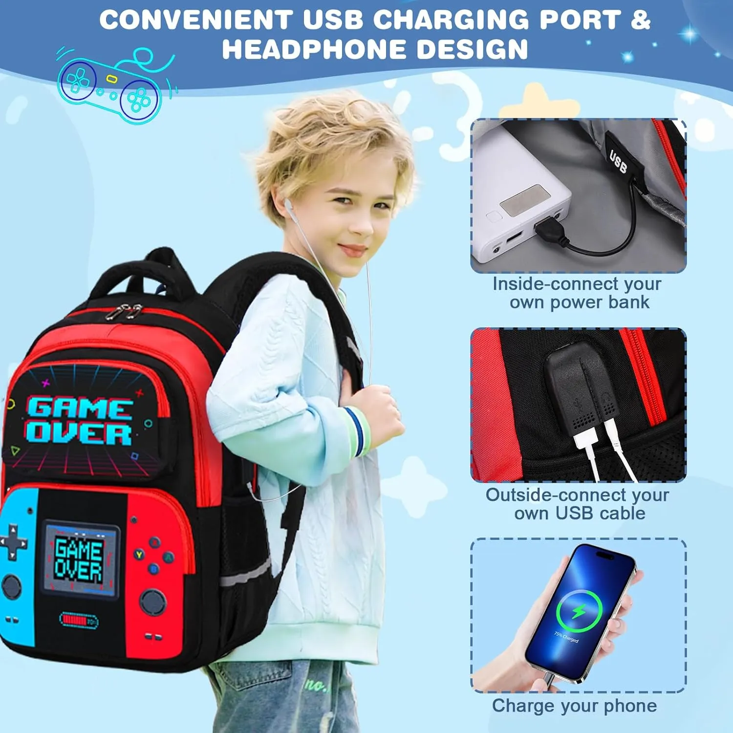 Bevalsa Backpack for Boys, School Bags for Kids, Bookbag for Boys Girls Children Teens Backpacks for Elementary Middle High school Student, Bookbag and Lunch Bag Set with USB Charging Port (Red Blue)