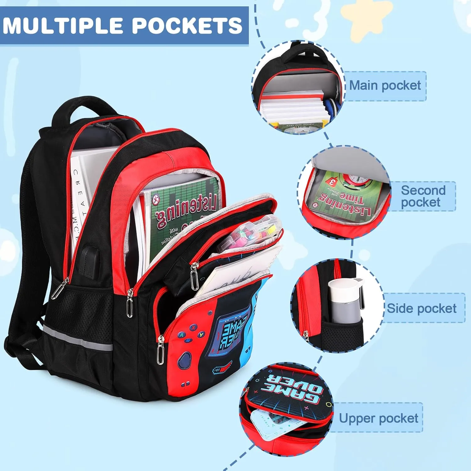 Bevalsa Backpack for Boys, School Bags for Kids, Bookbag for Boys Girls Children Teens Backpacks for Elementary Middle High school Student, Bookbag and Lunch Bag Set with USB Charging Port (Red Blue)