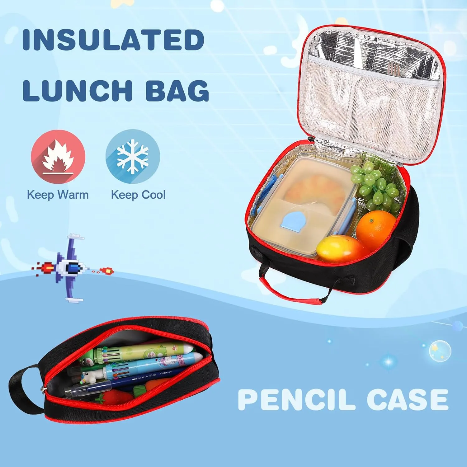 Bevalsa Backpack for Boys, School Bags for Kids, Bookbag for Boys Girls Children Teens Backpacks for Elementary Middle High school Student, Bookbag and Lunch Bag Set with USB Charging Port (Red Blue)