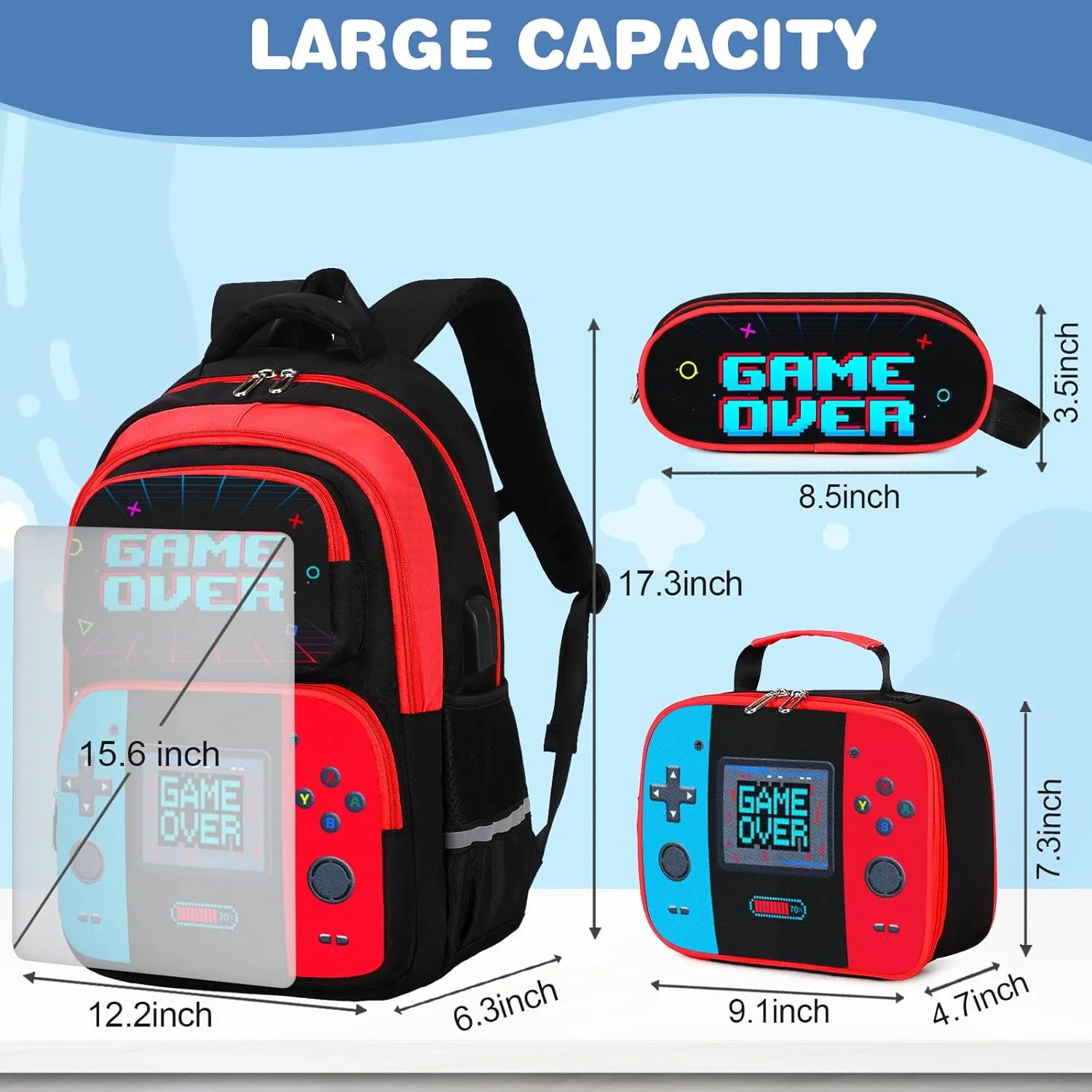 Bevalsa Backpack for Boys, School Bags for Kids, Bookbag for Boys Girls Children Teens Backpacks for Elementary Middle High school Student, Bookbag and Lunch Bag Set with USB Charging Port (Red Blue)
