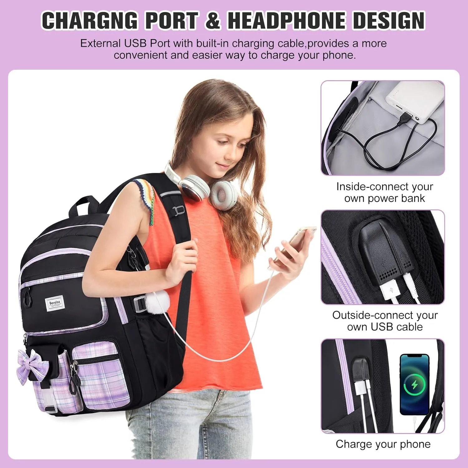 Bevalsa Backpack for Gilrs, School Bags for Kids with Lunch Bag & Pen Case, Bow Plaid Bookbag for Girls Children Teens for Elementary Middle High school College Student with USB Charging(Black Purple)
