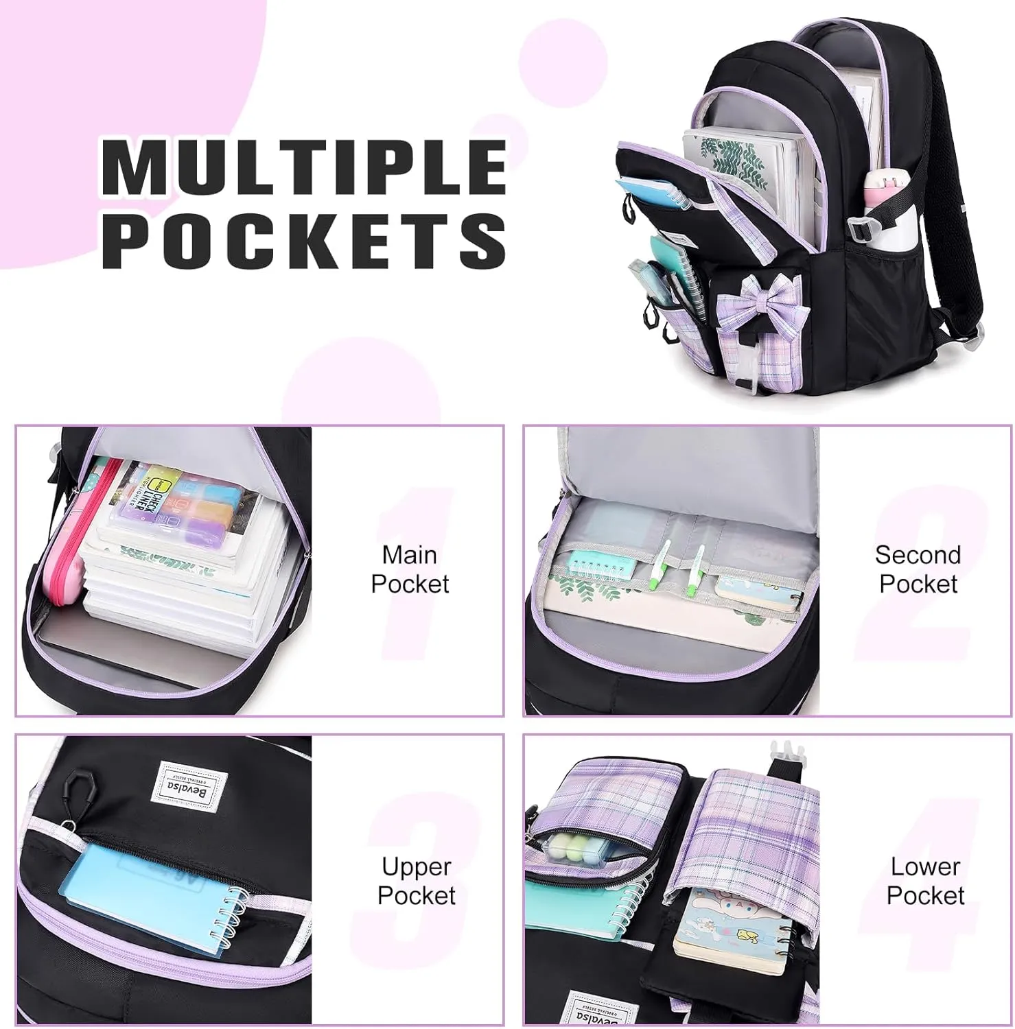 Bevalsa Backpack for Gilrs, School Bags for Kids with Lunch Bag & Pen Case, Bow Plaid Bookbag for Girls Children Teens for Elementary Middle High school College Student with USB Charging(Black Purple)