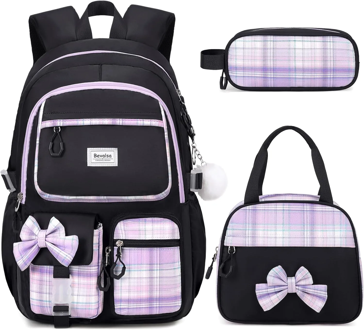 Bevalsa Backpack for Gilrs, School Bags for Kids with Lunch Bag & Pen Case, Bow Plaid Bookbag for Girls Children Teens for Elementary Middle High school College Student with USB Charging(Black Purple)