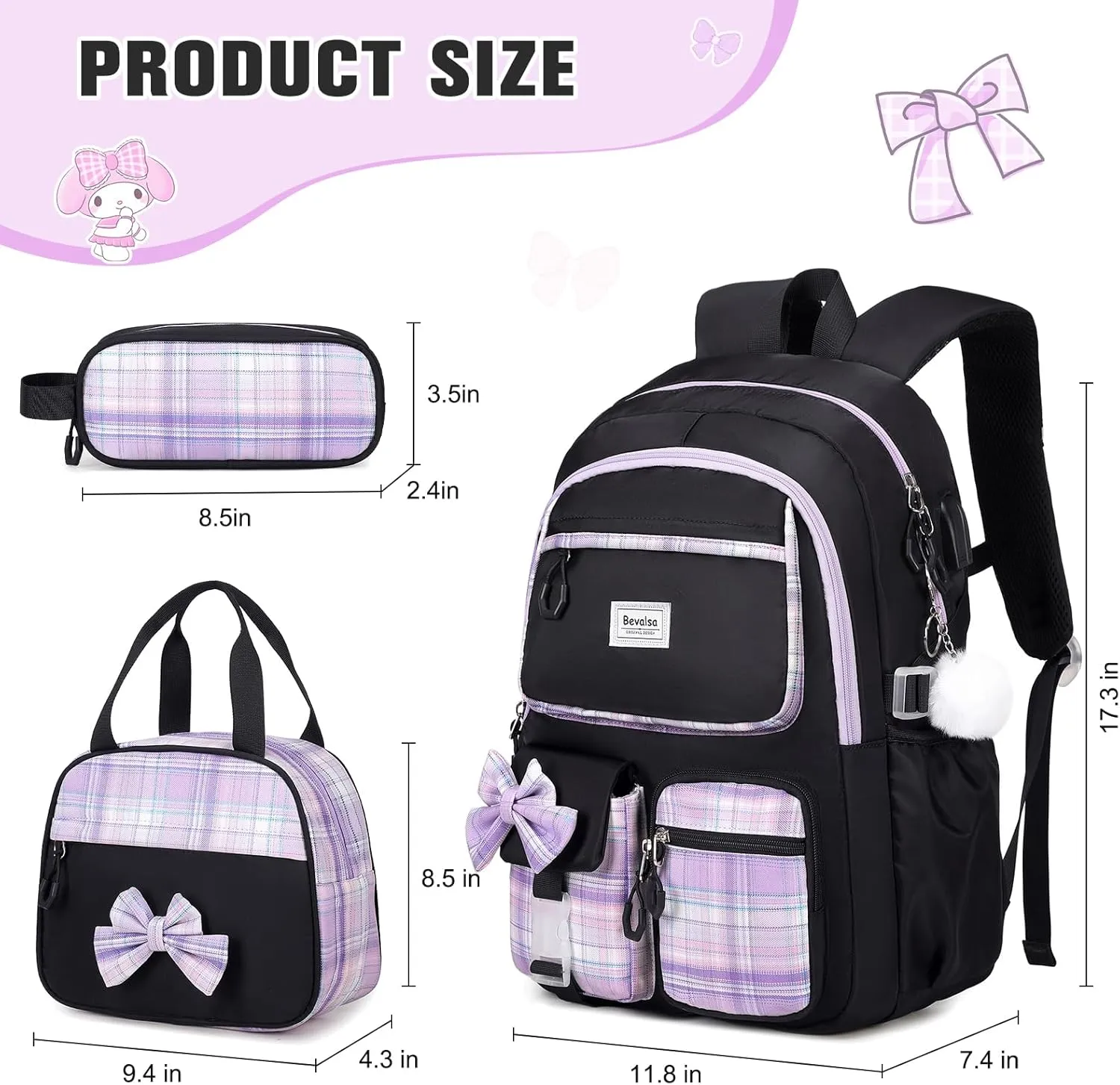 Bevalsa Backpack for Gilrs, School Bags for Kids with Lunch Bag & Pen Case, Bow Plaid Bookbag for Girls Children Teens for Elementary Middle High school College Student with USB Charging(Black Purple)