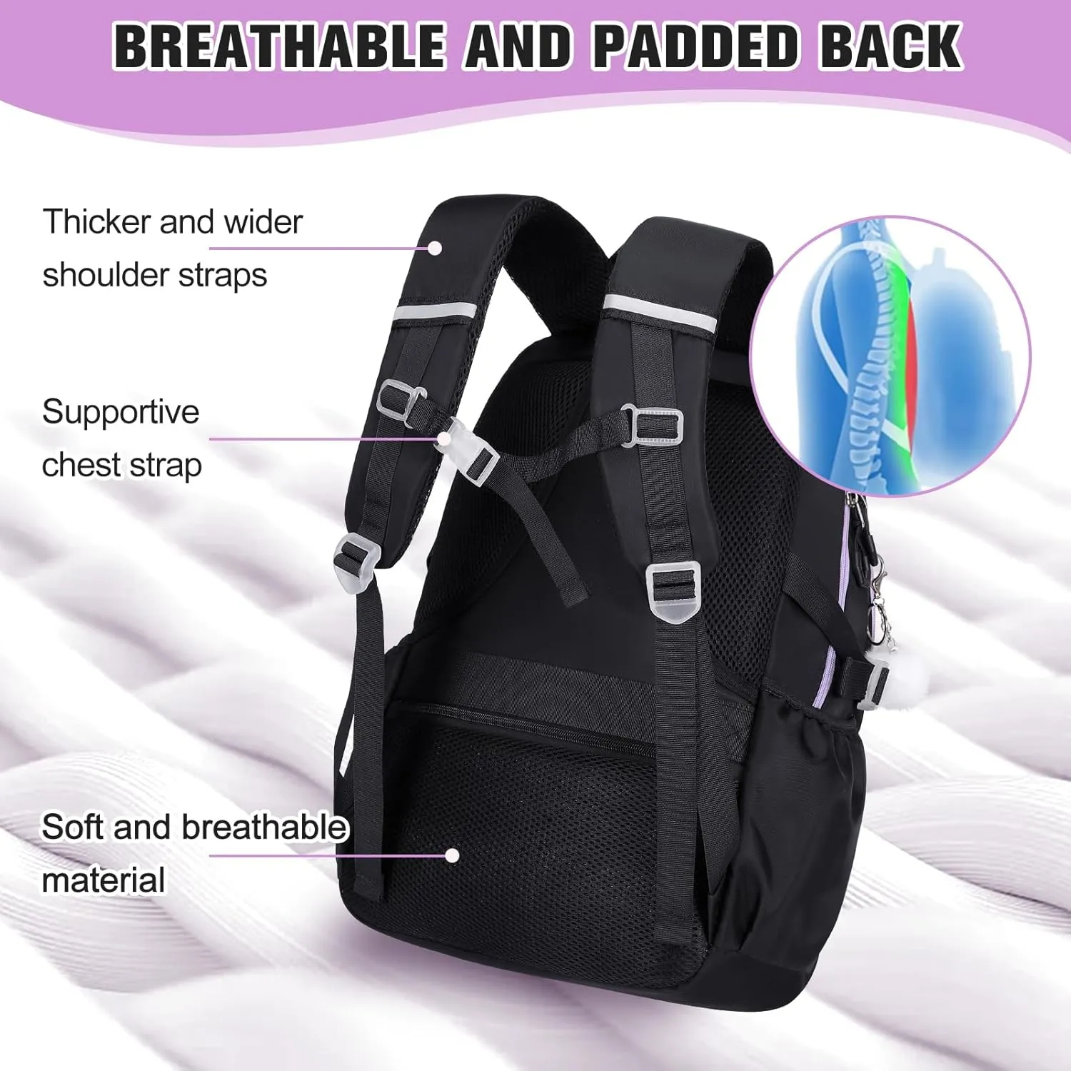 Bevalsa Backpack for Gilrs, School Bags for Kids with Lunch Bag & Pen Case, Bow Plaid Bookbag for Girls Children Teens for Elementary Middle High school College Student with USB Charging(Black Purple)