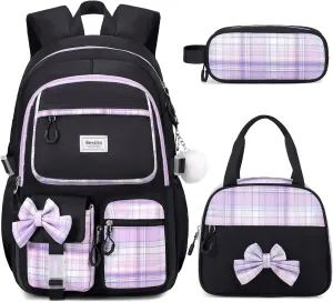 Bevalsa Backpack for Gilrs, School Bags for Kids with Lunch Bag & Pen Case, Bow Plaid Bookbag for Girls Children Teens for Elementary Middle High school College Student with USB Charging(Black Purple)