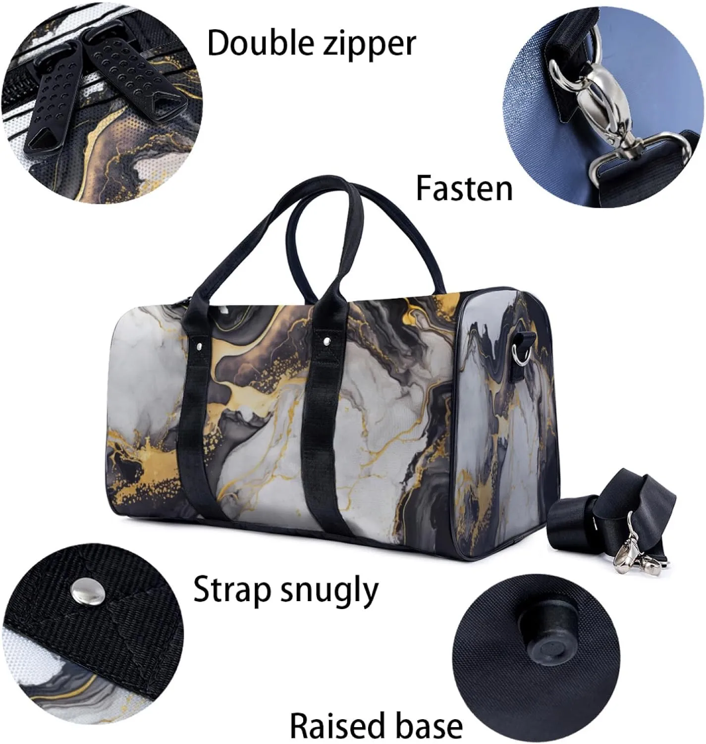 Black Gold White Marble Pattern Travel Duffel Bag for Woman Weekender Bag Man Tote Gym Bag Sport Gym Bag Hospital Bag for Labor and Delivery Overnight Bag Luggage Bag