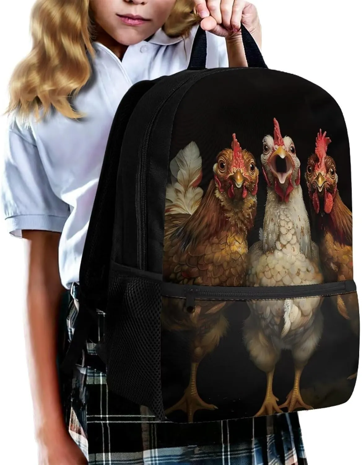 Black Rooster Chicken School Bags for Boys Girls17 Inch Elementary Primary Student Bookbags Camping Hiking Travel Rucksack