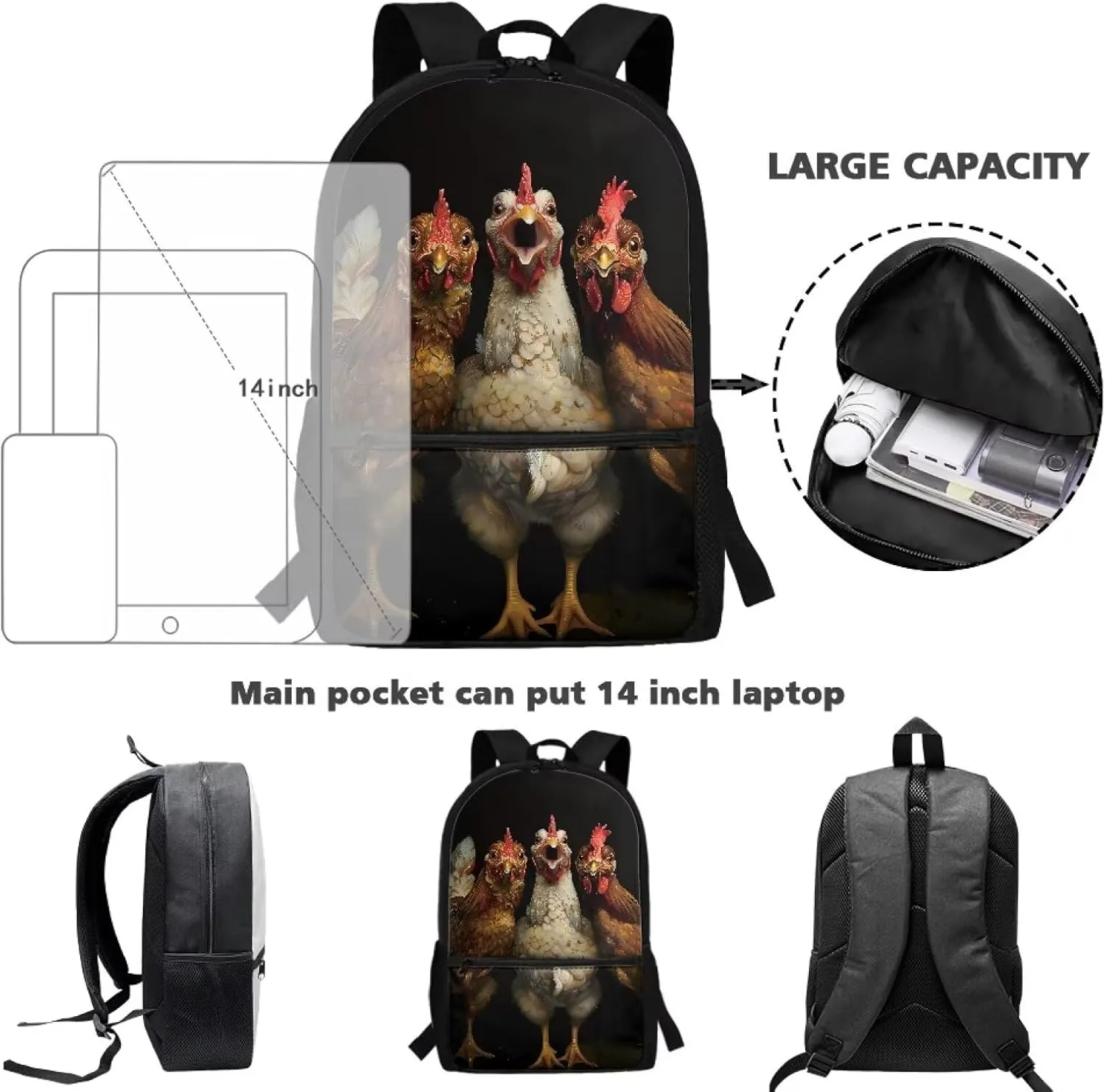 Black Rooster Chicken School Bags for Boys Girls17 Inch Elementary Primary Student Bookbags Camping Hiking Travel Rucksack