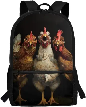 Black Rooster Chicken School Bags for Boys Girls17 Inch Elementary Primary Student Bookbags Camping Hiking Travel Rucksack