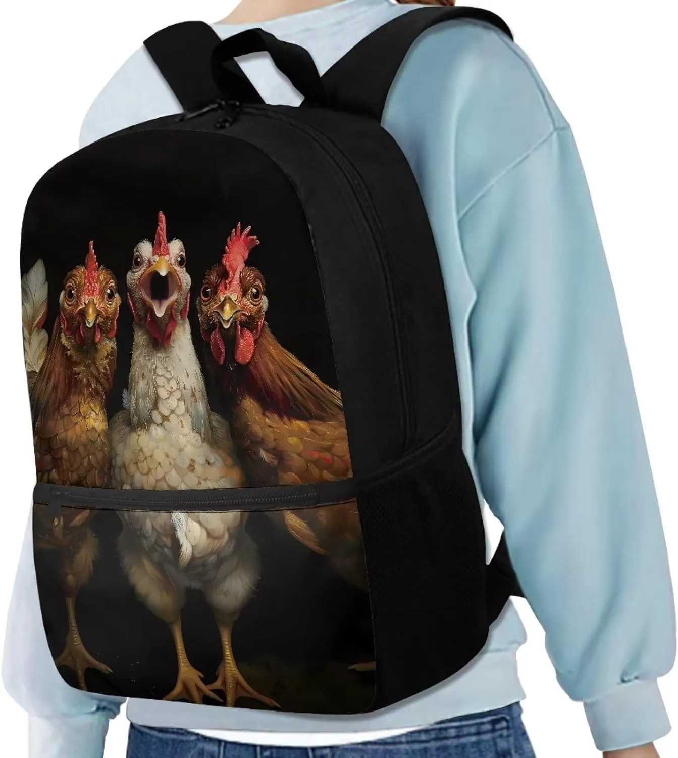Black Rooster Chicken School Bags for Boys Girls17 Inch Elementary Primary Student Bookbags Camping Hiking Travel Rucksack