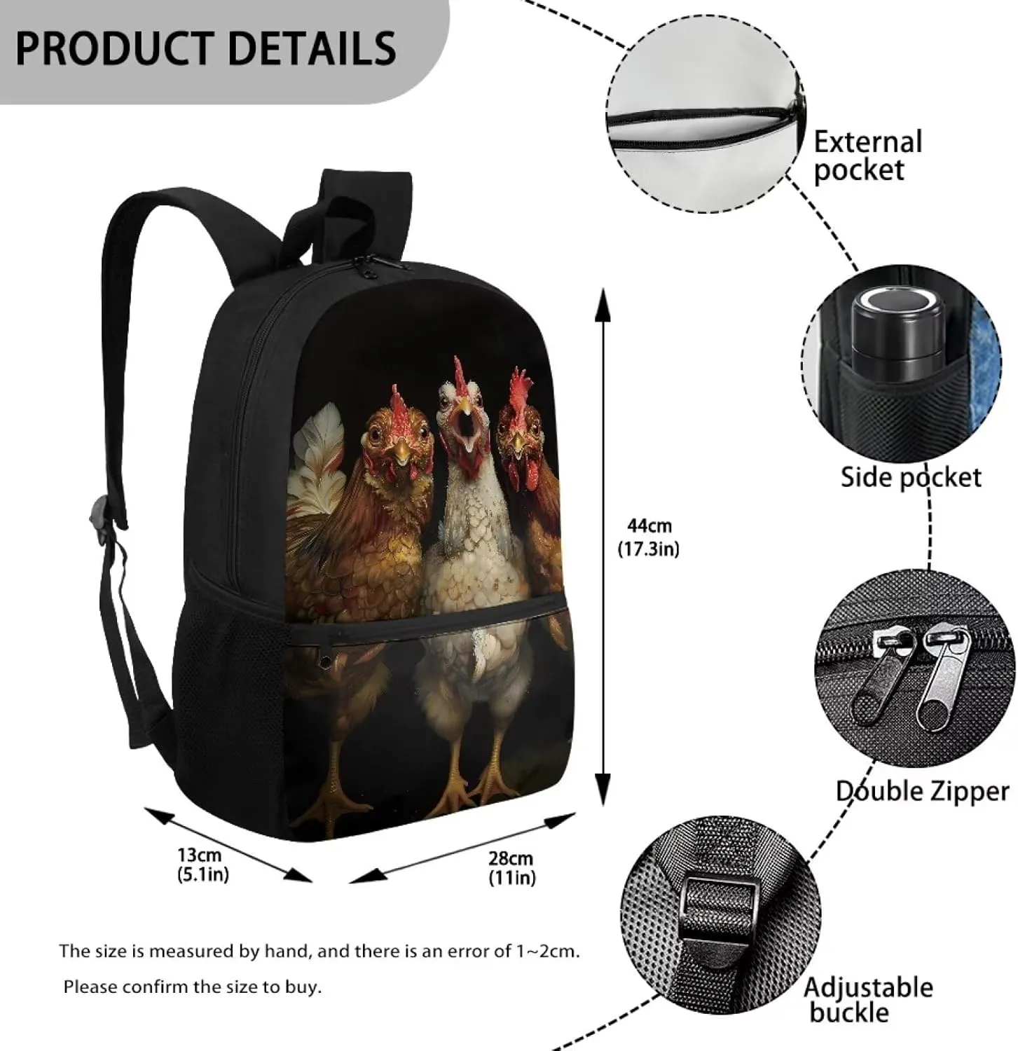 Black Rooster Chicken School Bags for Boys Girls17 Inch Elementary Primary Student Bookbags Camping Hiking Travel Rucksack