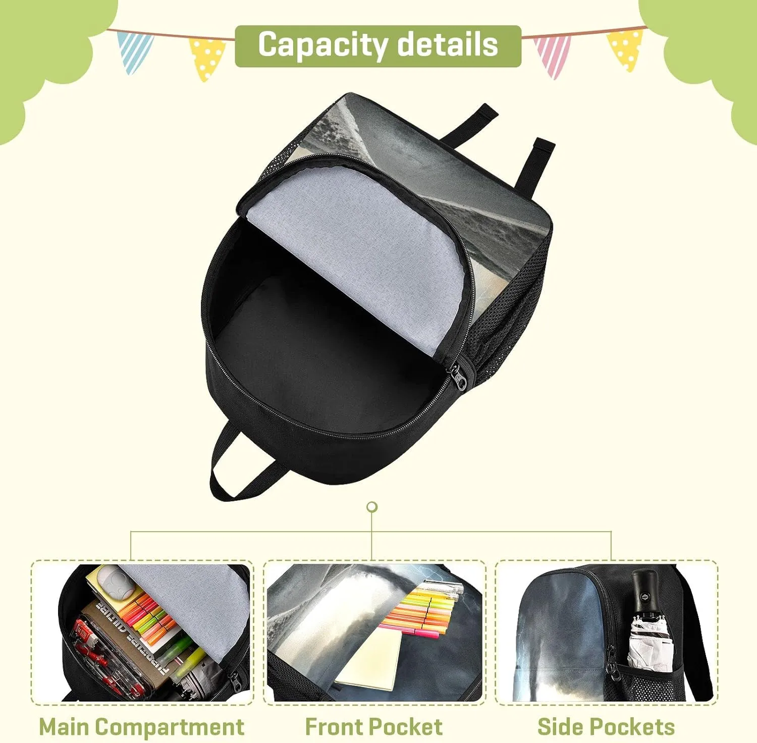 Black Tornado Print Waterproof Backpack - Lightweight Backpack Boys Girl 3-6 Year School Bag