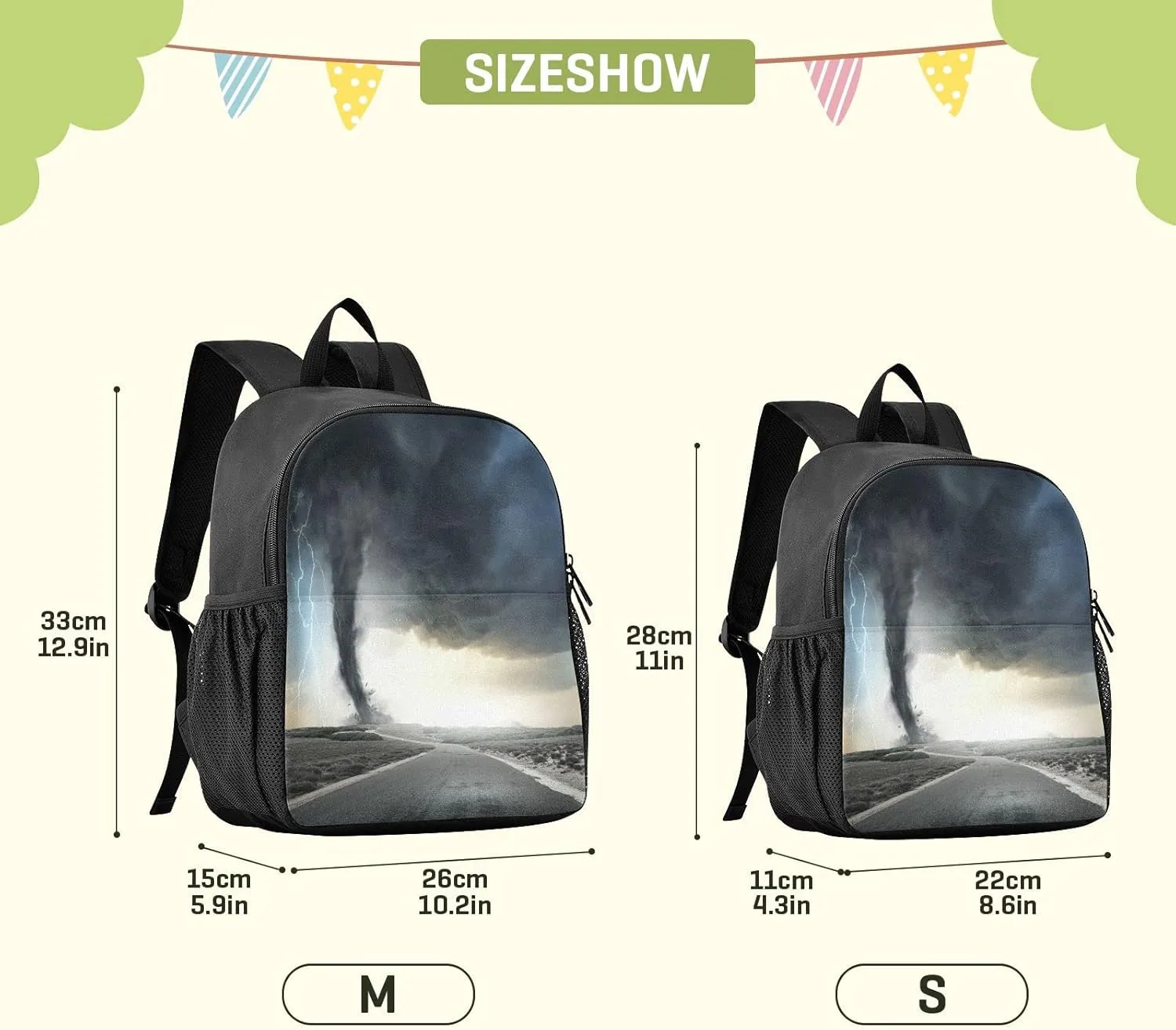 Black Tornado Print Waterproof Backpack - Lightweight Backpack Boys Girl 3-6 Year School Bag