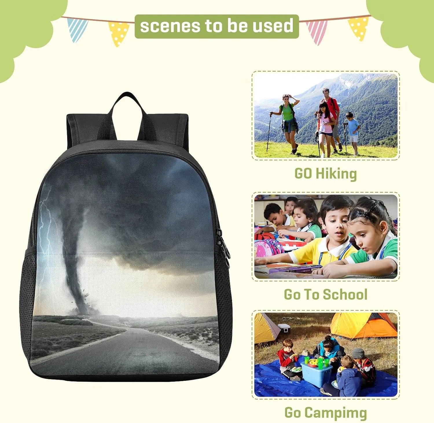 Black Tornado Print Waterproof Backpack - Lightweight Backpack Boys Girl 3-6 Year School Bag