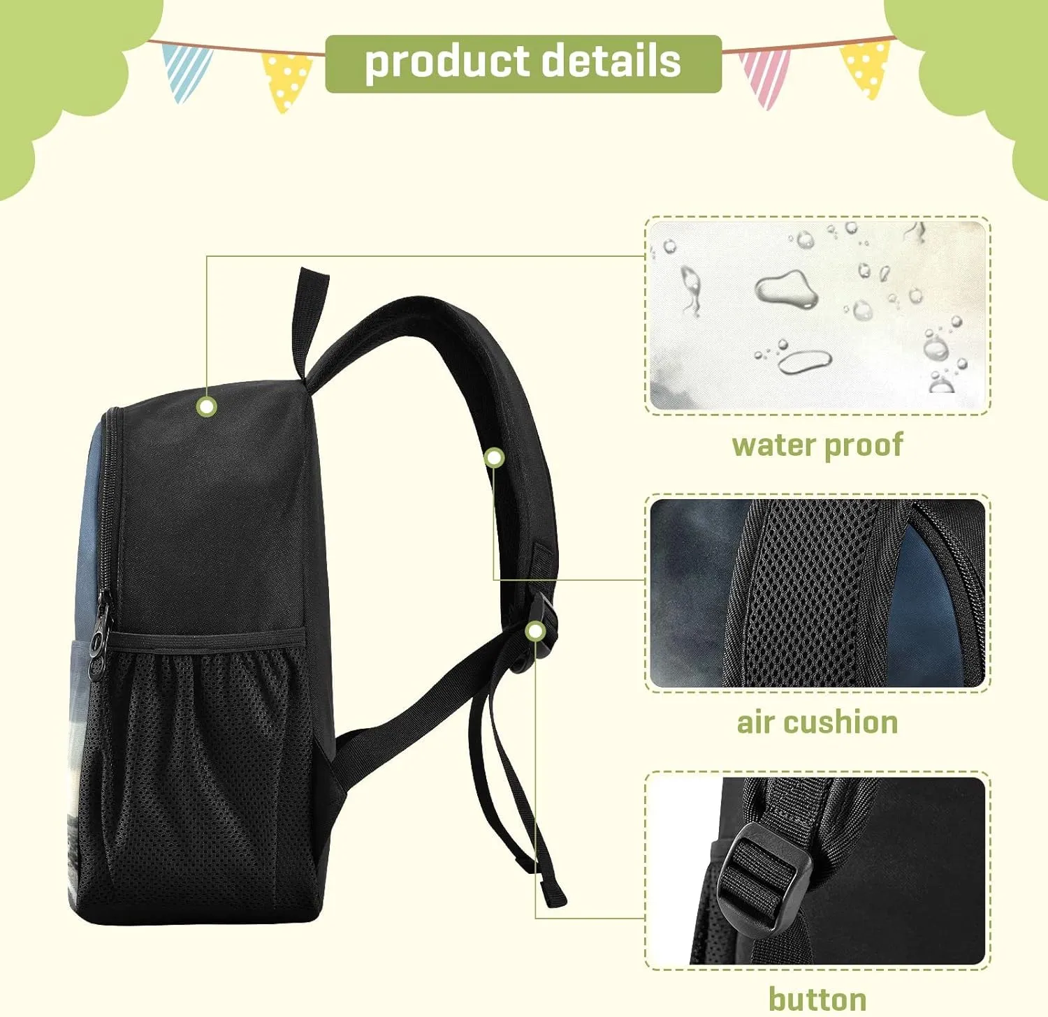 Black Tornado Print Waterproof Backpack - Lightweight Backpack Boys Girl 3-6 Year School Bag