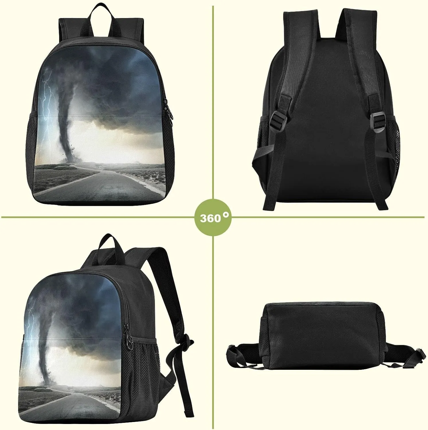 Black Tornado Print Waterproof Backpack - Lightweight Backpack Boys Girl 3-6 Year School Bag