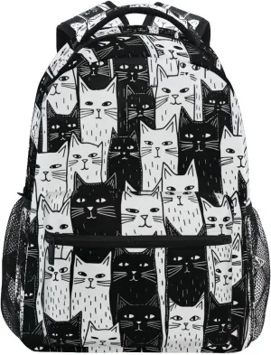 Black White Cats School Backpack Bookbag for Boys Girls Elementary School Casual Travel Bag Computer Laptop Daypack
