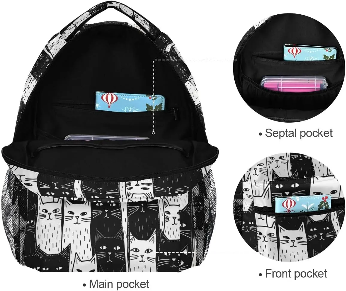 Black White Cats School Backpack Bookbag for Boys Girls Elementary School Casual Travel Bag Computer Laptop Daypack