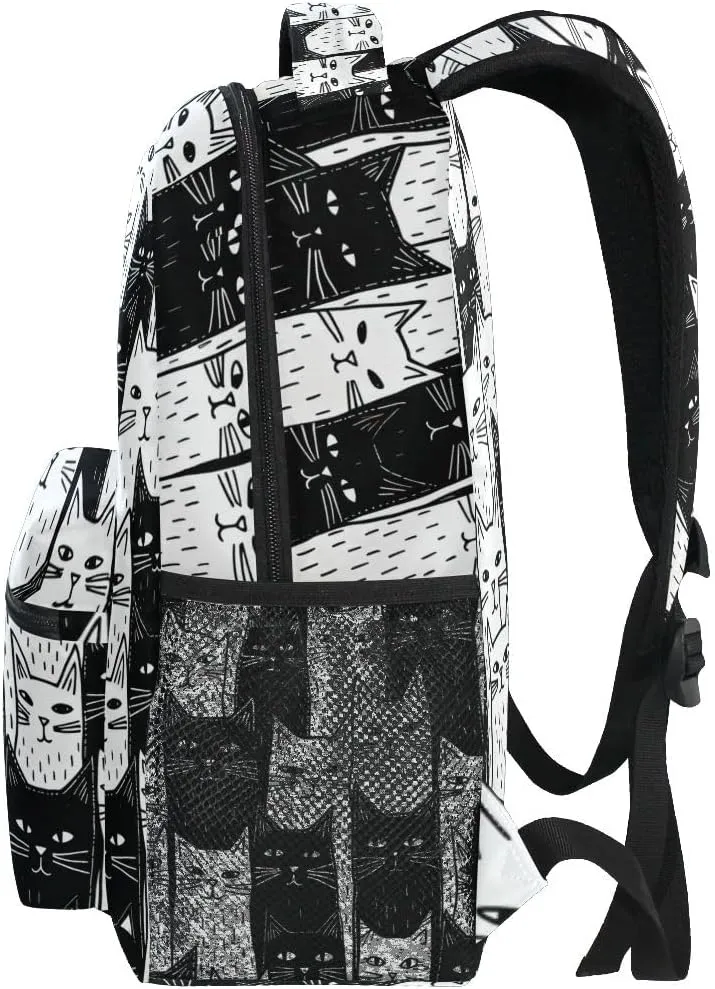 Black White Cats School Backpack Bookbag for Boys Girls Elementary School Casual Travel Bag Computer Laptop Daypack