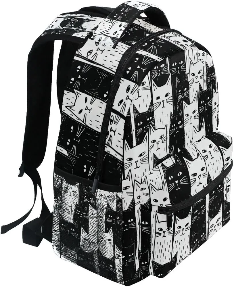 Black White Cats School Backpack Bookbag for Boys Girls Elementary School Casual Travel Bag Computer Laptop Daypack