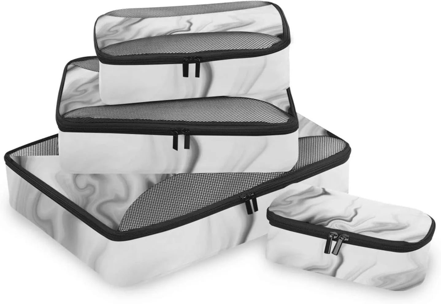 Black White Liquid Marble Agate Slab Paint Pastel Macro Wavy 4 PCs Set Packing Bags, Luggage Organizer Bag, Portable Cube Toiletry bag, Durable Travel Cosmetic Storage Bag for Men Women