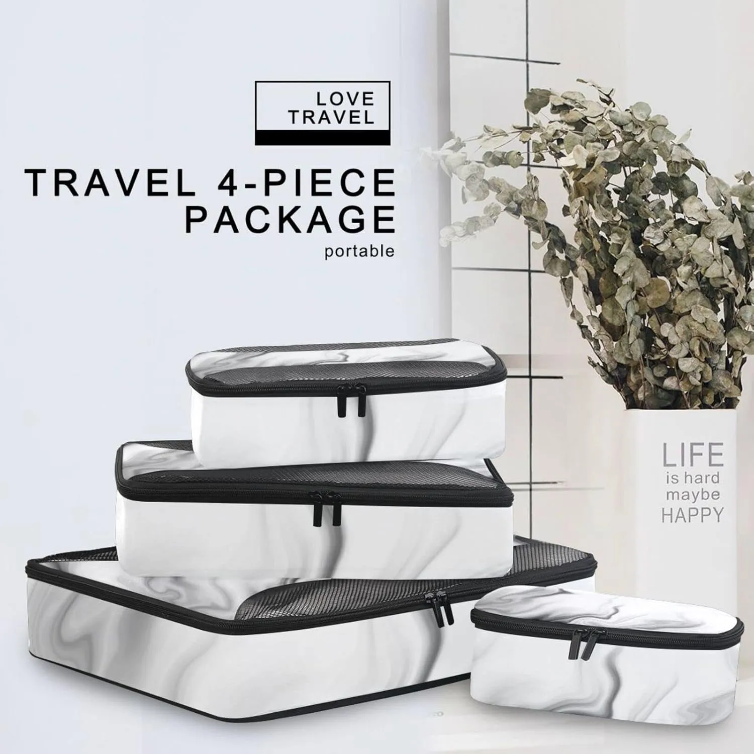 Black White Liquid Marble Agate Slab Paint Pastel Macro Wavy 4 PCs Set Packing Bags, Luggage Organizer Bag, Portable Cube Toiletry bag, Durable Travel Cosmetic Storage Bag for Men Women