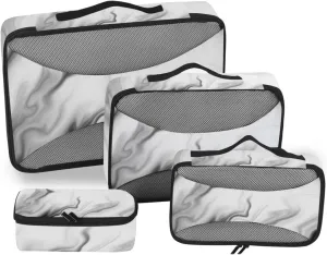 Black White Liquid Marble Agate Slab Paint Pastel Macro Wavy 4 PCs Set Packing Bags, Luggage Organizer Bag, Portable Cube Toiletry bag, Durable Travel Cosmetic Storage Bag for Men Women