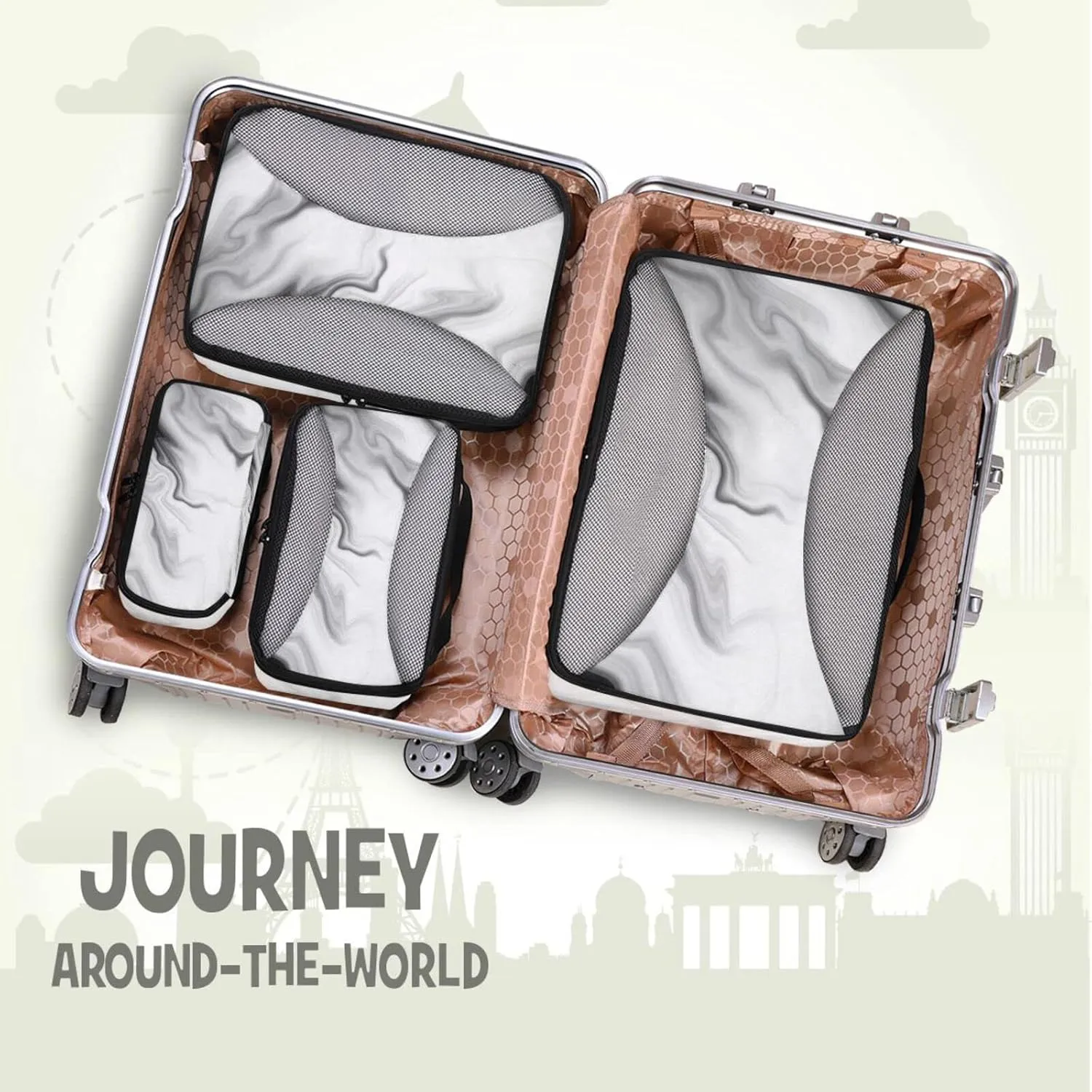 Black White Liquid Marble Agate Slab Paint Pastel Macro Wavy 4 PCs Set Packing Bags, Luggage Organizer Bag, Portable Cube Toiletry bag, Durable Travel Cosmetic Storage Bag for Men Women