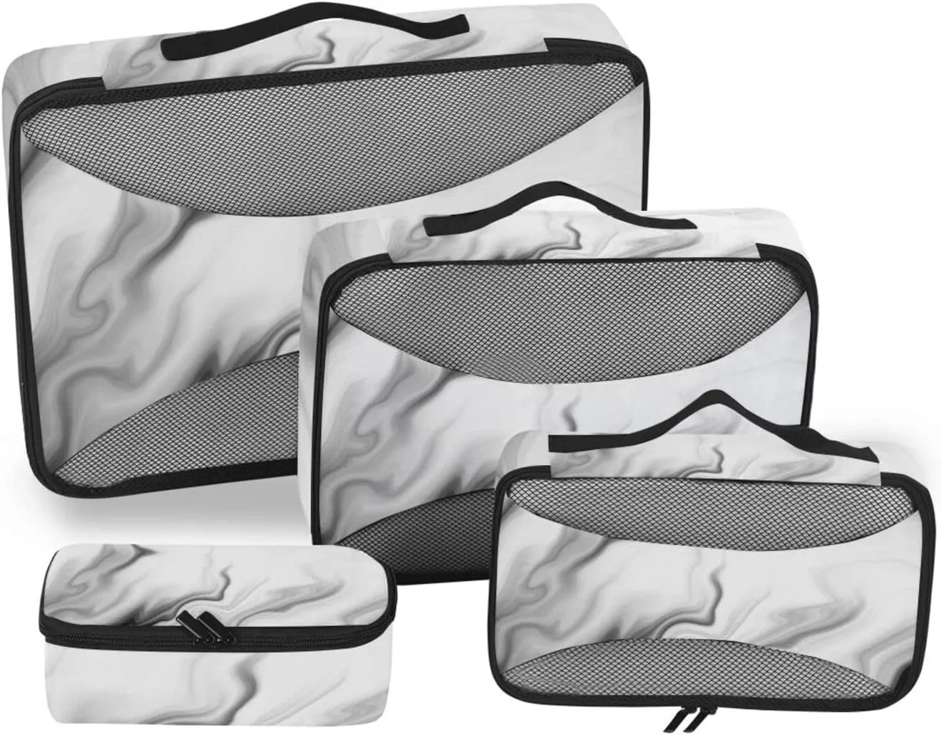 Black White Liquid Marble Agate Slab Paint Pastel Macro Wavy 4 PCs Set Packing Bags, Luggage Organizer Bag, Portable Cube Toiletry bag, Durable Travel Cosmetic Storage Bag for Men Women