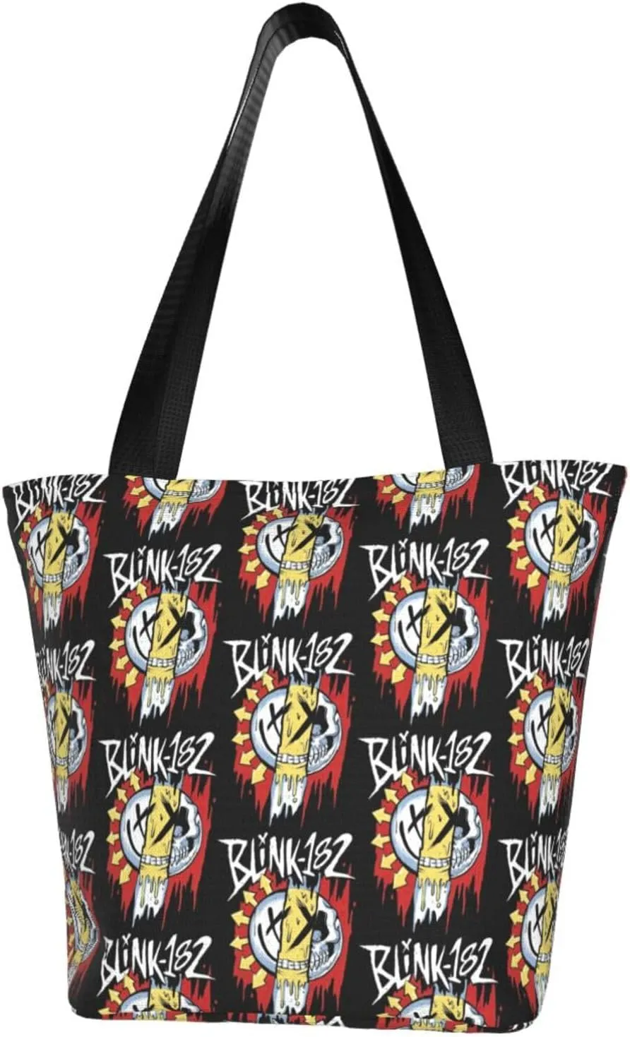 Blink Classic Rock 182 Reusable Grocery Bag Shopping Bags Tote Bags with Zipper Women Shoulder Bag for Outdoor Storage Bag Portable Daily Bag Large Capacity Handbag for Kitchen