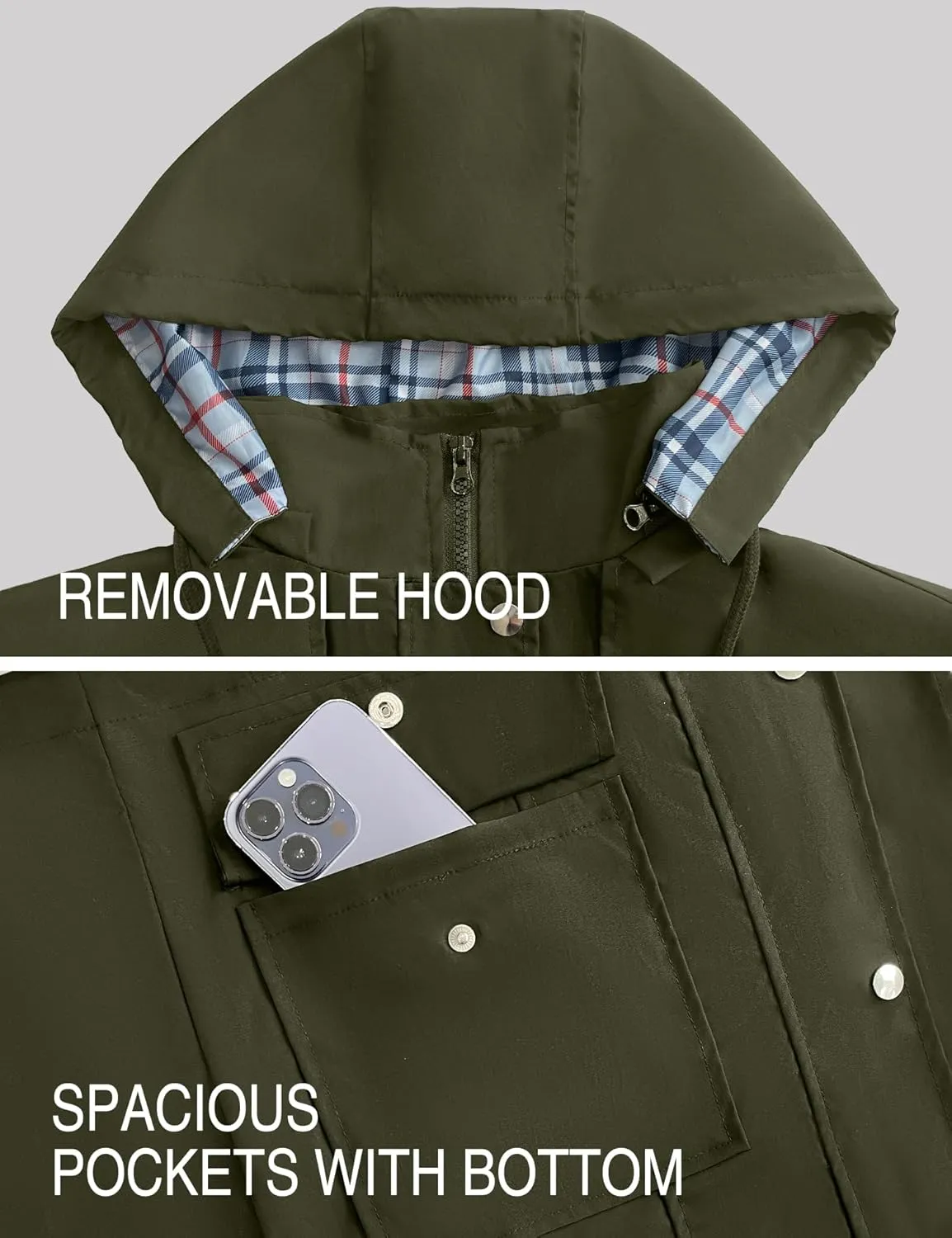 Bloggerlove Rain Jacket Women Lightweight Raincoats Outdoor Waterproof Windbreaker Hooded Plaid Lined Trench Coat S-XXL