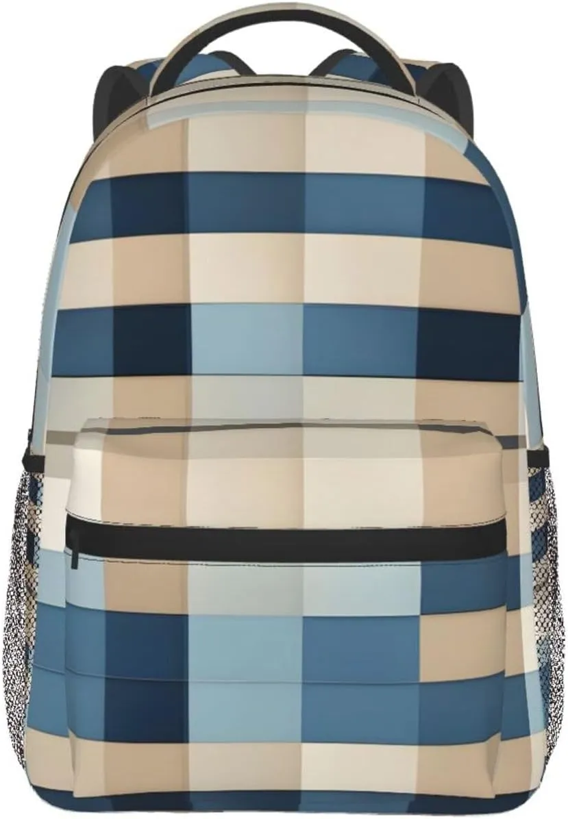 Blue Beige square pattern print Lightweight Bookbag Casual Laptop Backpack for Men Women College backpack