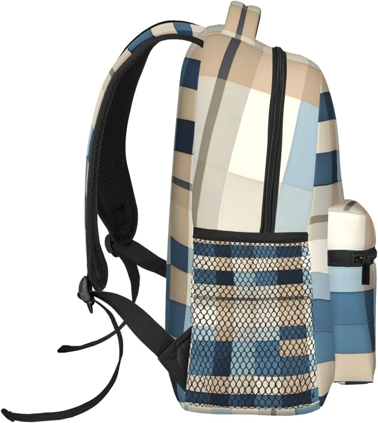Blue Beige square pattern print Lightweight Bookbag Casual Laptop Backpack for Men Women College backpack