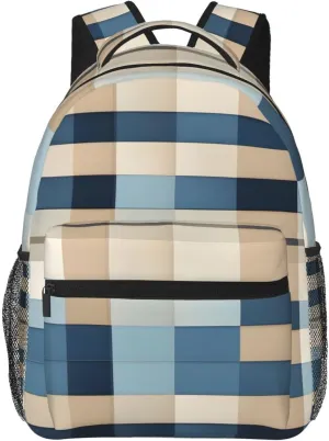 Blue Beige square pattern print Lightweight Bookbag Casual Laptop Backpack for Men Women College backpack