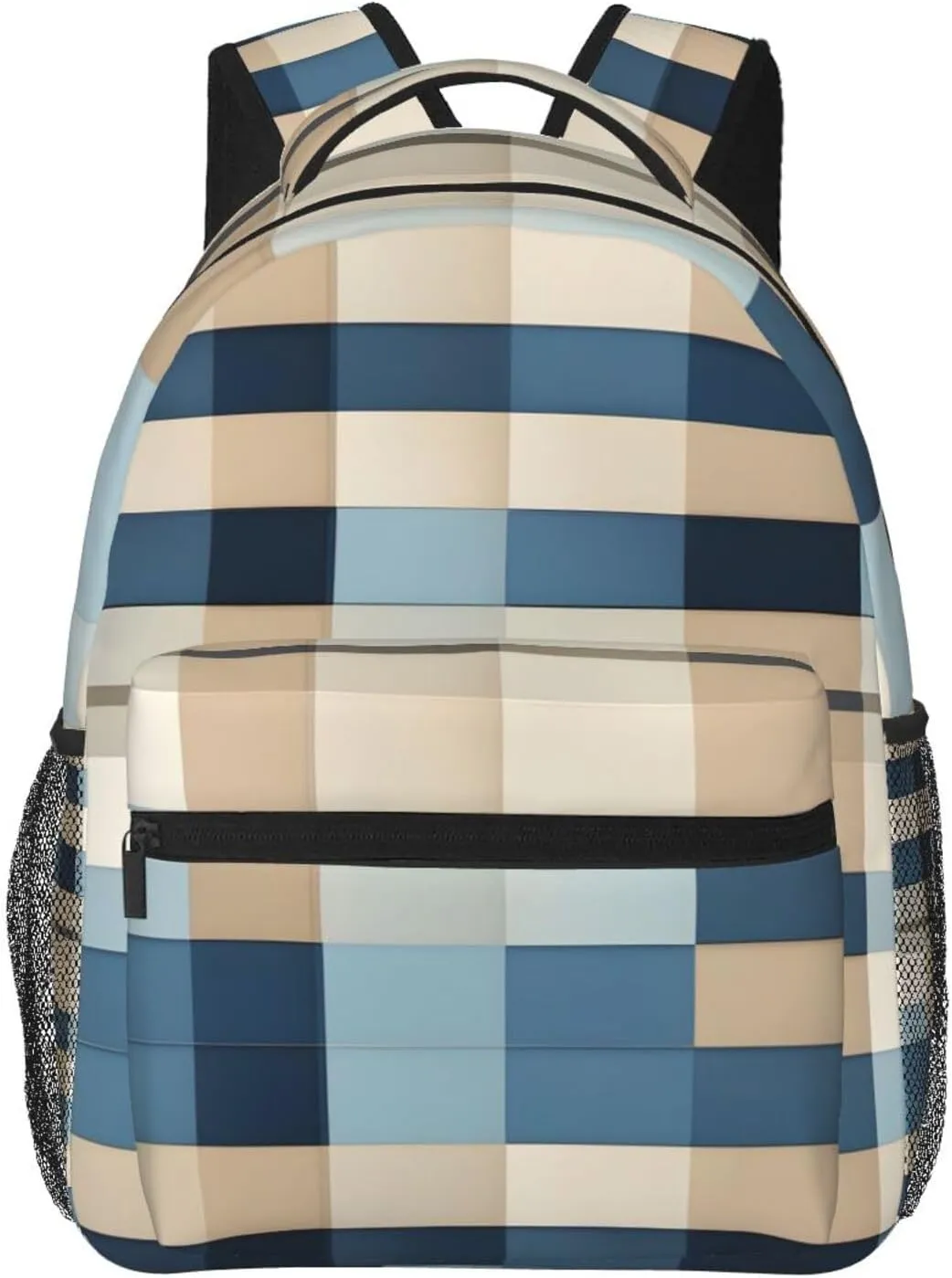 Blue Beige square pattern print Lightweight Bookbag Casual Laptop Backpack for Men Women College backpack